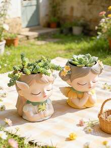 Elegant Resin Girl Succulent Pot With Delicate Floral Accents, Cute Cartoon Figurine Planter For Indoor Plants, Perfect For Boho Home Decor, Ideal For Displaying On Your Nightstand, Living Room Mantel, Or Balcony, A Unique And Charming Gift For Birthdays, Housewarmings, Or Plant Parent Celebrations, Combines Functional Planting With Whimsical Artistry - A - View 4