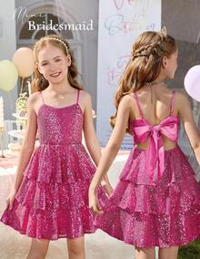 Girls Sequin Formal Dress Kids Party Special Occasion Fancy Gown Tie Back 3 Layer Prom Graduation Outfit - 玫紅色 - 查看 3