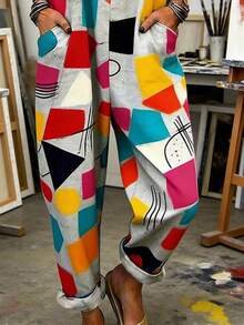 Abstract Geometric Color Block All-Over Print Women's Adjustable Strap Jumpsuit, Polyester Fiber Fabric, Lightweight And Breathable, Women's Clothing, Standard Size Jumpsuit, Plus Size Women's Clothing, Plus Size Jumpsuit And Romper, Plus Size Jumpsuit - 彩色 - 查看 2