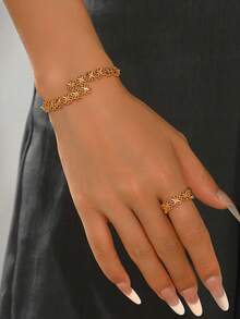 Bộ trang sức vòng tay và nhẫn hoa rỗng, thời trang, đa năng dành cho nữ. - Vàng - Xem 6