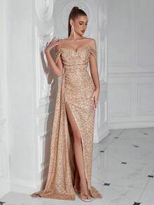 Women's 2026 Sequin Tulle Off Shoulder Floor Length Formal Evening Gown, Elegant Dress For Wedding Guest, Prom & Party - 香檳色 - 查看 2