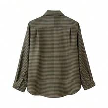 Plaid Pattern Loose Fit Padded Shoulder Long Sleeve Collared Blouse, Long Sleeve Top For Women Spring - Army Green - View 6
