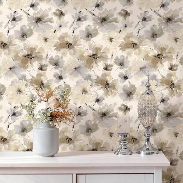 Beige Flower Watercolor Flower Peel And Stick Wallpaper, Honey Wheat Yellow, Straight Match