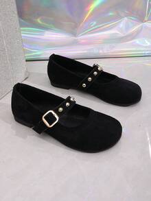 2026 Primavera Nueva Moda Zapatos de Mujer Estilo Mary Jane de Ante, Hebilla Cuadrada con Remaches Dorados, Suela Blanda Puntera Redonda, Diseño Retro de Puntera Redonda Francesa Poco Profunda - Negro - Ver 2