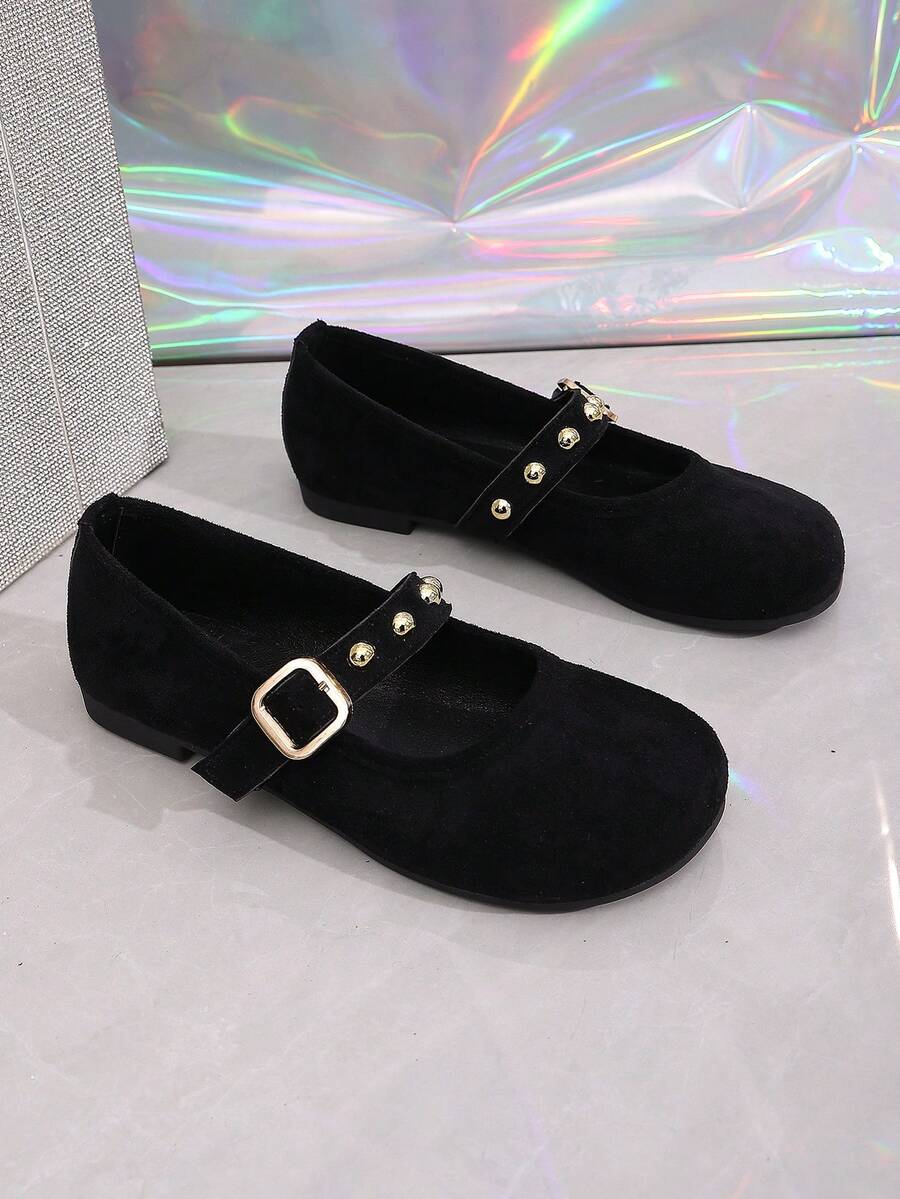 2026 Primavera Nueva Moda Zapatos de Mujer Estilo Mary Jane de Ante, Hebilla Cuadrada con Remaches Dorados, Suela Blanda Puntera Redonda, Diseño Retro de Puntera Redonda Francesa Poco Profunda