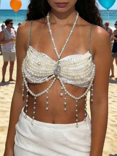 DEKUNER Corrente Corporal com Borla de Pérola Branca - Top de Maiô Bikini Sexy com Contas, Acessório de Moda Essencial para Festas na Praia e Festivais de Música