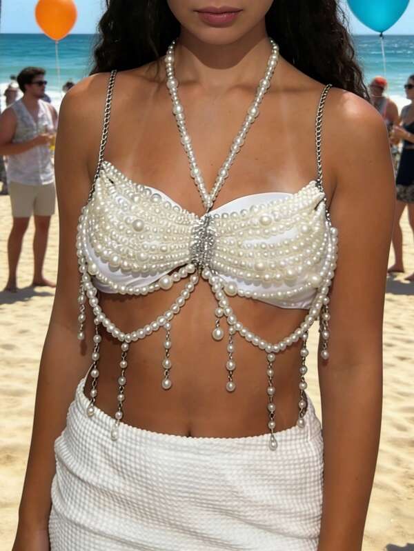 DEKUNER Cadena corporal con borlas de perla blanca - Parte superior de bikini con cuentas sexy, accesorio de moda esencial para fiestas en la playa y festivales de música