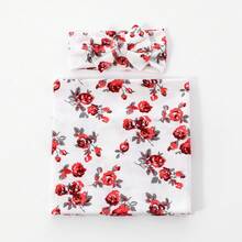 Receiving Blanket Headband Set Flower Print Baby Swaddle Blankets - Red - View 3