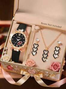 SOKI SOKI 母亲节女士手表套装，时尚精致的圆形石英表搭配心形吊坠项链和耳环，这款首饰套装非常适合日常佩戴、生日礼物、开学季、感恩节和浪漫场合，是馈赠佳品。（不含包装盒） - 黑色 - 查看 1