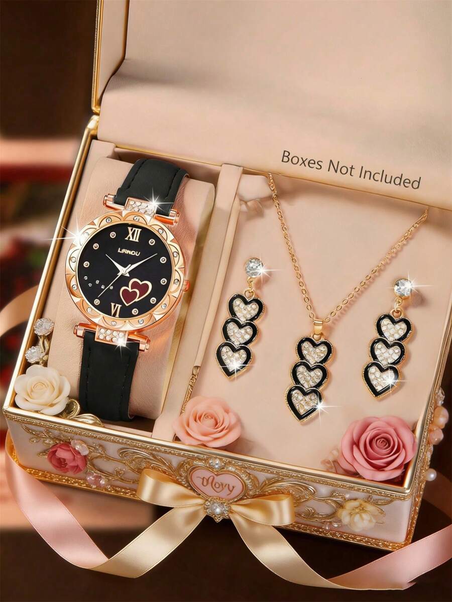SOKI SOKI 母亲节女士手表套装，时尚精致的圆形石英表搭配心形吊坠项链和耳环，这款首饰套装非常适合日常佩戴、生日礼物、开学季、感恩节和浪漫场合，是馈赠佳品。（不含包装盒） - 黑色 - 查看 1