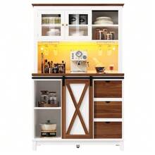 Modern Tall Cabinet With LED Lighting And App Control, Kitchen Or Dining Room Cabinet With Drawer, Sideboard With Sliding Door And Three Drawers, Black - White - View 1