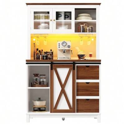 Modern Tall Cabinet With LED Lighting And App Control, Kitchen Or Dining Room Cabinet With Drawer, Sideboard With Sliding Door And Three Drawers, Black