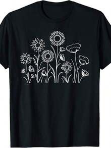 Dibujo lineal de una sencilla flor - Camiseta con estampado blanco - Verde - Ver 6