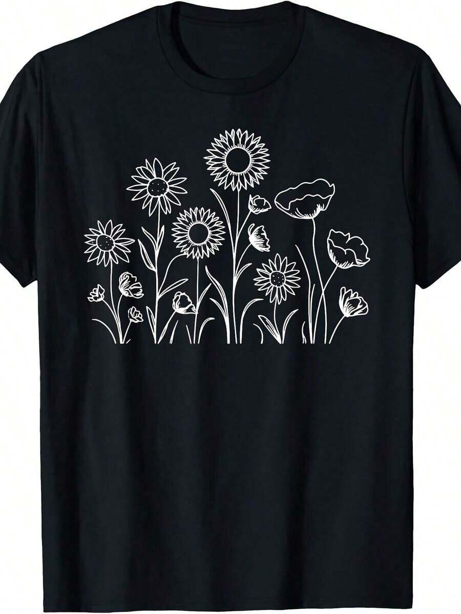 Line Drawing Of A Simple Flower - White Print T-Shirt - Red - View 1