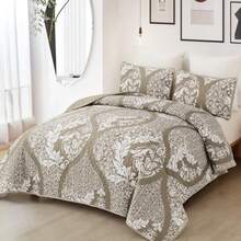 Beige Quilt Set King Size Boho Damask Tan Bedspread Coverlet Set Soft Lightweight Microfiber Luxury Bedding Set 3 Pieces for All Season 104"x90" - Beis - Ver 3
