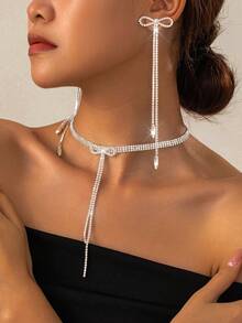 韩式电镀长款蝴蝶结流苏耳环项链套装，甜美百搭多层颈链 - YM0003 - 查看 6