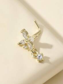 1pc L-Shaped Gold Rhinestone Flower Nose Ring/Stud, Valentine's Day & Mother's Day Gift - Gold - View 2
