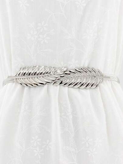 1条女士弹力腰带，多功能树叶扣装饰腰带，金/银色，连衣裙弹力腰带