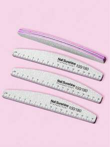 3pcs Crescent-Shaped 100/180 Grit Double-Sided Grey & White Nail Files, Professional Manicure Tools For Shaping & Buffing - Grey - View 3