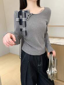 Áo len dệt kim tay dài ôm sát, kiểu nơ bất đối xứng, chất liệu vải cắt ngẫu nhiên. - Xám - Xem 6