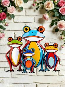 1 pièce Décoration murale en métal de famille de grenouilles 2D colorée - Style bohème imaginatif, décoration de grenouille vintage, convient pour la chambre d'enfant, le salon, le balcon, la boutique de fleurs, le zoo et le jardin, la décoration de la maison, la décoration du jardin, la décoration murale, cadeau idéal pour les amateurs de grenouilles et les familles - Famille de grenouilles colorées - Voir 8
