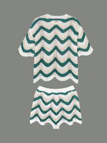 Bộ đồ nữ mùa xuân kiểu Âu Mỹ gồm áo tay ngắn và quần short dệt kim khoét lỗ, thích hợp cho kỳ nghỉ. - Nhiều màu - Xem 8