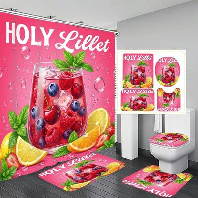 1件/4件套饮料主题浴室装饰浴帘套装，免费赠送12个挂钩，营造优雅节日氛围，包含浴室地垫、U型地垫和圆形马桶垫，适用于各种场合。