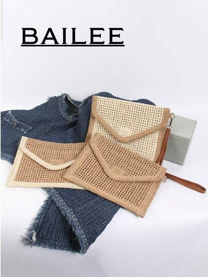 BAILEE Una bolsa tejida de estilo casual y sencillo para vacaciones de verano con un diseño de parches de colores y cierre tipo sobre. Cuenta con correas para el hombro extraíbles, puede contener un teléfono, billetera y otros artículos, y se puede llevar en la mano o colgada al hombro. Es adecuada para vacaciones al aire libre, viajes a la playa, compras casuales, viajes diarios, combinaciones de atuendos y puede ser un regalo para familiares, amigos o seres queridos.