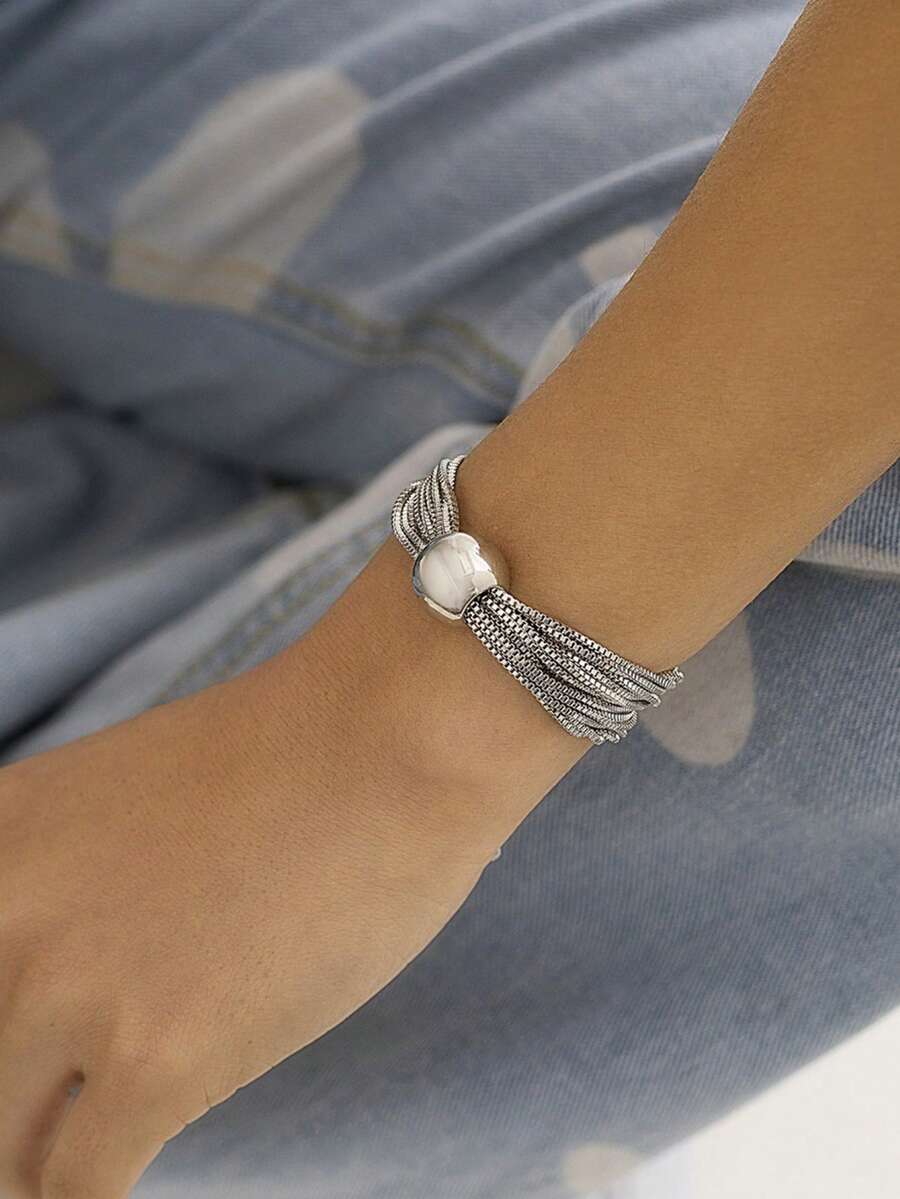 1pc Luxury Minimalist Snake Bone Chain Round Bead Bracelet, Women's Office Commute High-End Versatile Silver Hand Accessory - Silver - View 1