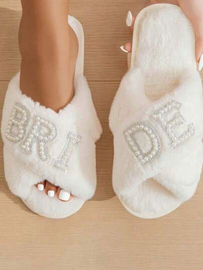 1 Pair Women's Pearl Letter "Bride" Decor Flat Slide Slippers,Rhinestone Fluffy Slippers,Bridal Shower, Bachelorette Party Gift,Bridesmaid Slippers,Hen Party,Bride To Be,Honeymoon Gift, Women Shoes