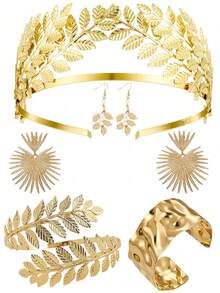 Bộ trang sức nữ thần 7 món, bao gồm băng đô lá, vòng tay lá, vòng tay hở, bông tai ngọc trai, thích hợp cho phụ nữ mặc hàng ngày, đám cưới, lễ đính hôn. - 7 chiếc - Xem 3