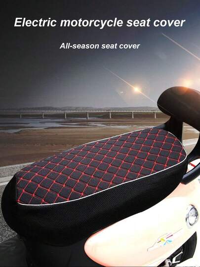 Universal Motorcycle Seat Cover With Breathable Mesh & Heat-Resistant Fabric – Embroidered Faux Leather Scooter Pad For E-Bike, Moped & Electric Bike – Red/Black Double-Stitched Non-Slip Cushion For Summer Riding Comfort