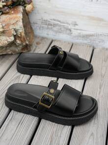 Women's Rivet Decor Thick Sole Comfortable Versatile Slide Sandals With Metal Buckle, Suitable For Summer Outdoor Wear - Black - View 6