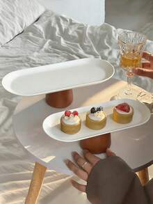 1pc Ins Style Stainless Steel Oval Cream Cake Plate, Elegant Afternoon Tea Cake High Foot Plate, Rectangular Dessert Display & Storage Tray - Multicolor - View 3