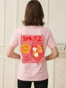 1 buc Tricou de vară pentru femei, cu guler rotund, mânecă scurtă, model cu imprimeu cocktail și lămâie, roz casual - Roz - Vizualizare 2