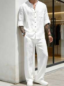 1 Conjunto de ropa básica holgada y ligera para hombre, camisa de manga larga con botones y cuello, color azul claro + pantalones rectos, para verano - Blanco - Ver 11