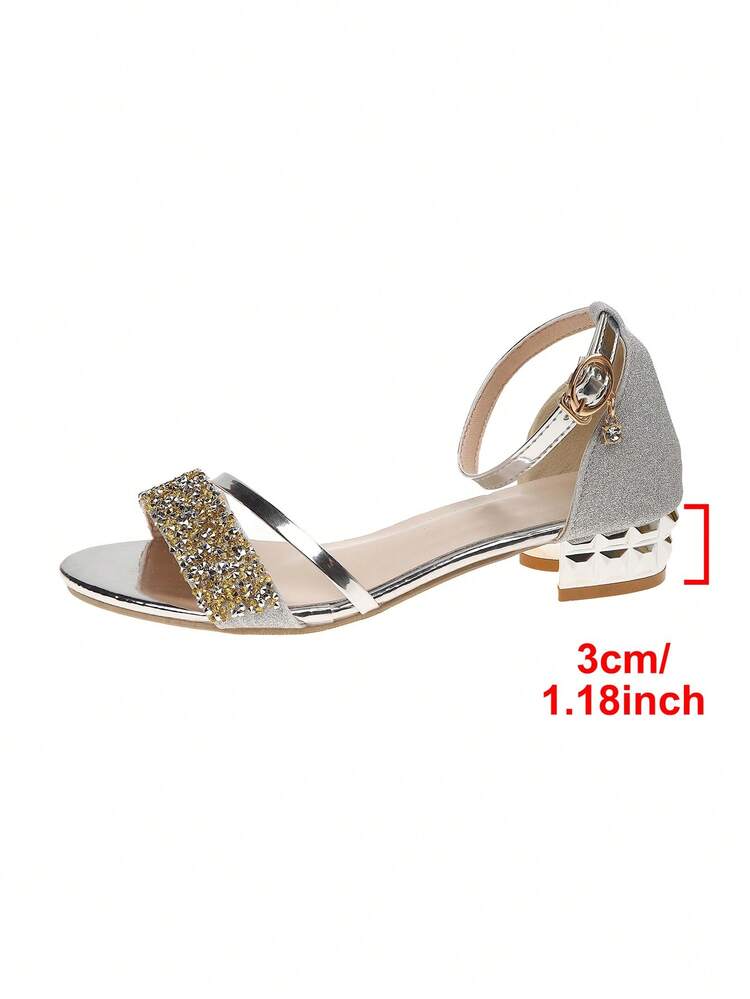 New Fashionable Women's High Heel Sandals, Solid Color Luxurious PU Leather With Rhinestone Buckle, Party & Summer Wear - Silver - View 6