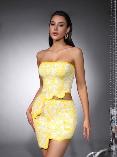 Bernatova Women Sexy Asymmetric Strapless Top+ Mini Skirts Bodycon Fashion Knit Jacquard Outfits Two Pieces Set For Party Vacation