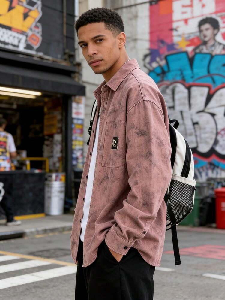 New Arrival: Men's "Rebel-Chic" Long-Sleeve Shirt - Spring/Autumn Printed Workwear-Style Top | Men's Loose-Fit Shirt Jacket - 粉色 - 查看 2
