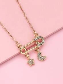 1 chiếc vòng cổ mặt dây chuyền hình ngôi sao và mặt trăng đính pha lê sáng tạo, thời trang dành cho trẻ em, thích hợp để đeo hàng ngày, làm quà tặng, dịp lễ. - Vàng - Xem 3