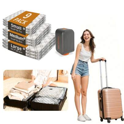 10个装 - 真空压缩袋（真空收纳袋）+ 电动气泵，超级方便的真空压缩袋，专为旅行和居家收纳而设计，适用于衣物、毯子和换季物品的收纳。