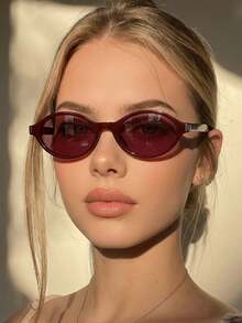 1副女士椭圆形小框高品质简约时尚眼镜，适合旅行、度假、休闲场合佩戴 - 紅酒框紅片 - 查看 1