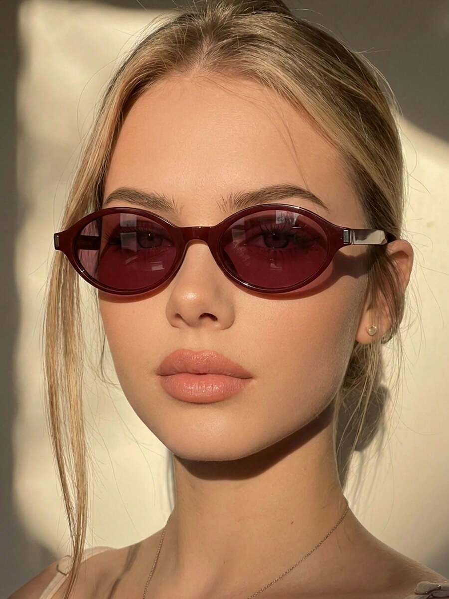 1副女士椭圆形小框高品质简约时尚眼镜，适合旅行、度假、休闲场合佩戴 - 紅酒框紅片 - 查看 1