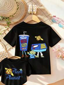 Disney-Licensed Casual And Simple Crew Neck Short-Sleeve T-Shirt Features A Toy Story Pizza Planet Character Pattern, Designed Specifically For Infants And Toddlers, Suitable For Both Boys And Girls, Making It An Ideal Choice For Summer Wear. - 黑色 - 查看 4