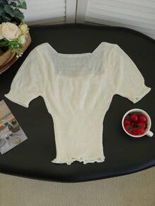 New Spring/Summer Sexy Ribbed Knit Crop Top With Drawstring, Square Neck, Fitted Silhouette - Apricot - View 8