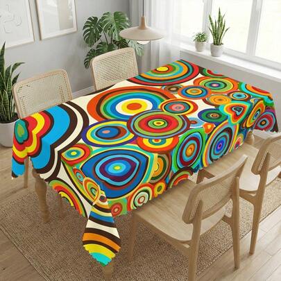 1pc Abstract Geometric Circle Print Tablecloth, Suitable For Festivals, Parties, Birthdays, Dinners, Restaurant Table Decor, All Seasons, Home Decor