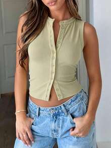 Camiseta de mujer de cuello redondo sin mangas con botones delanteros, estilo Y2K, para verano - Albaricoque gris - Ver 8