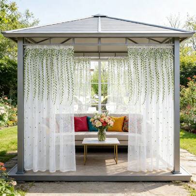 2pcs Embroidered Willow Leaf Outdoor Sheer Curtains, Leaf & Willow Branch Design For Gazebo, Patio, Yard Decor, Green Plant Rod Pocket Installation