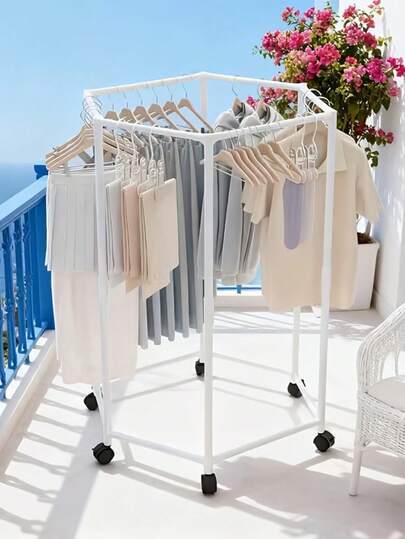 Premium 360° Rotating Double-Layer Hexagonal Bathroom Shelf, Balcony Drying Rack, Movable Floor-Standing Clothes Drying Rack, Minimalist Multi-Layer Living Room Hanging Clothes Rack, Hexagonal Multi-Function Balcony Home Movable Floor-Standing Drying Rack