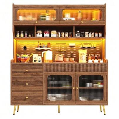 Modern Sideboard With LED Lighting & App, Narrow Tall Cabinet For Kitchen & Living Room, Stylish Storage Cabinet With Pegboard, Drawer & Glass Shelves 145x39x171 Cm, Walnut Color